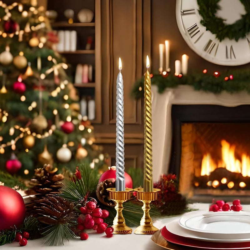 Peytanger 10 Inch Spiral Taper Candles Set for Christmas, 6 Gold and 6 Silver Unscented Twisted Candlesticks, Dripelss Thin Tapered Candles for Holiday Party Decoration - Image 4